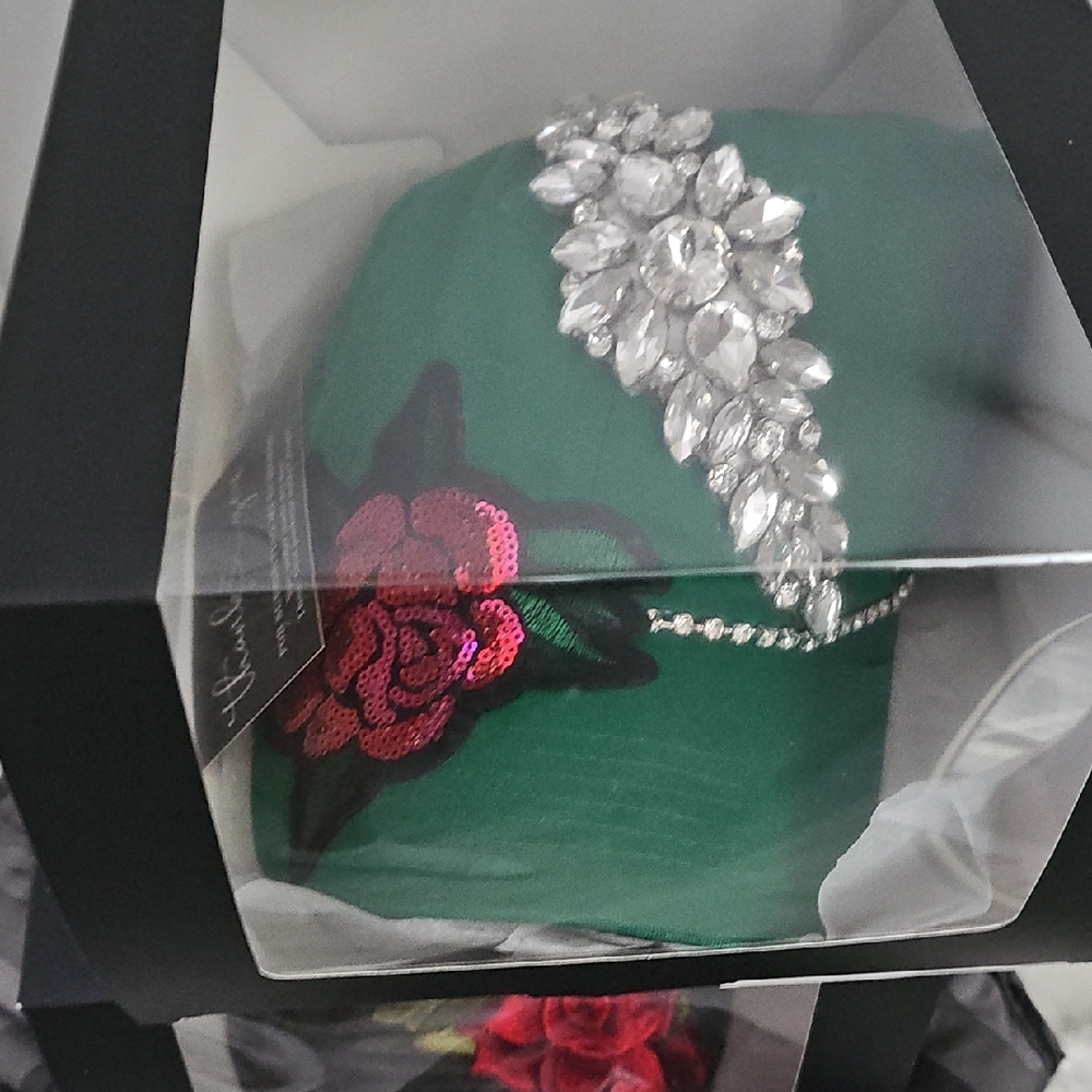 Green Hat with Sequin Rose and Crystal Embellishment